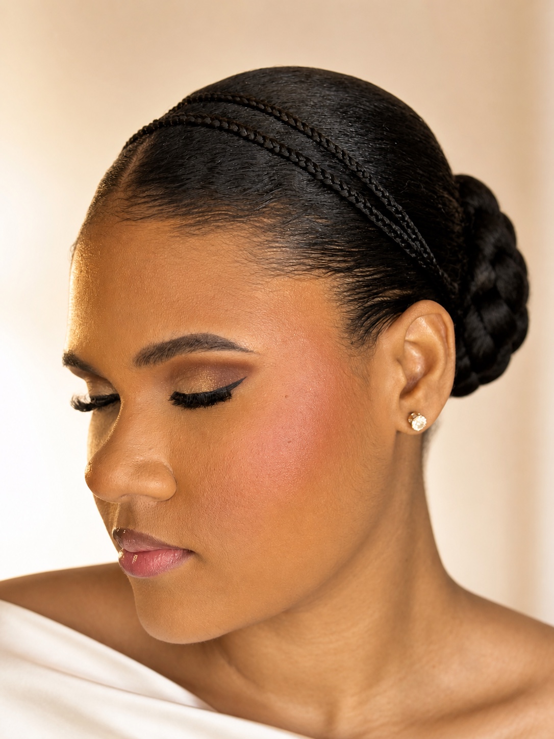 CINDY O STUDIOS bridal preparation with a polished braided low chignon and original makeup