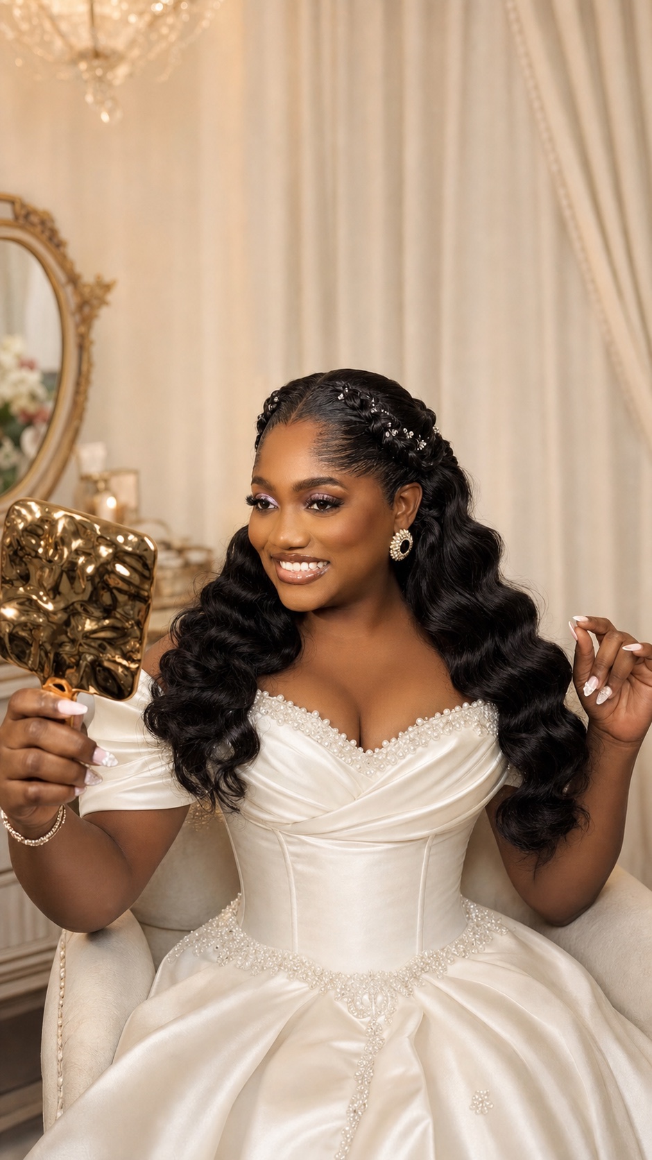 CINDY O STUDIOS bride with original makeup and long braided bridal waves